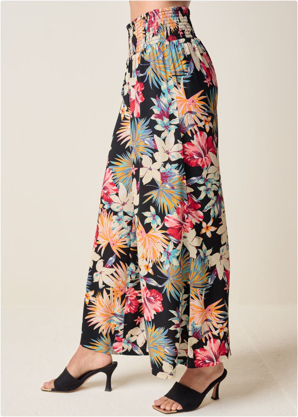 Venus Smocked Waist Flared Pants in Black Multi