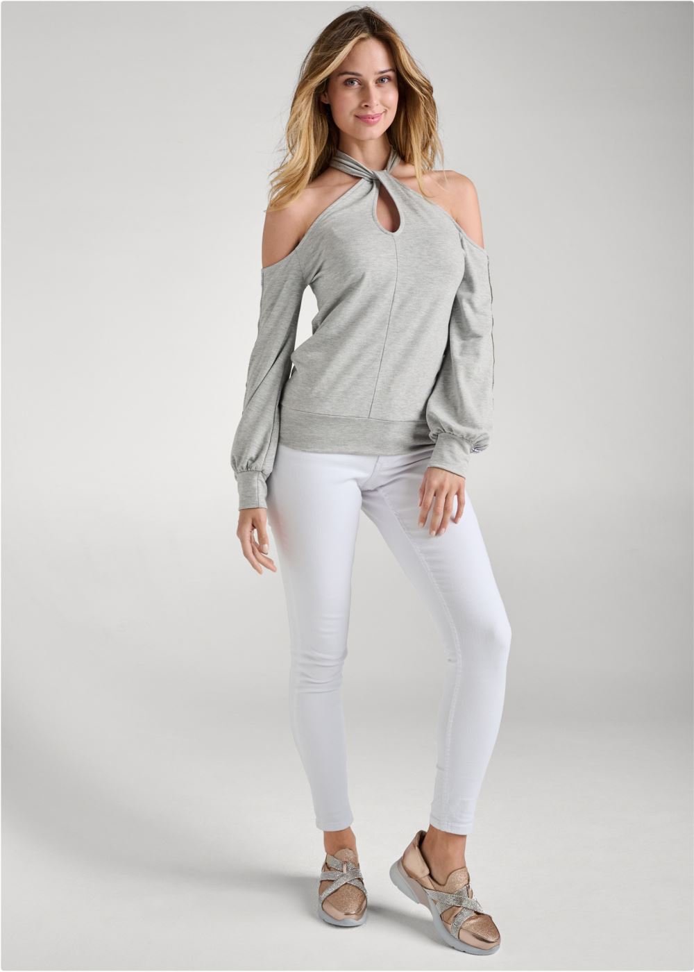 Venus Keyhole Embellished Top in Heather Grey