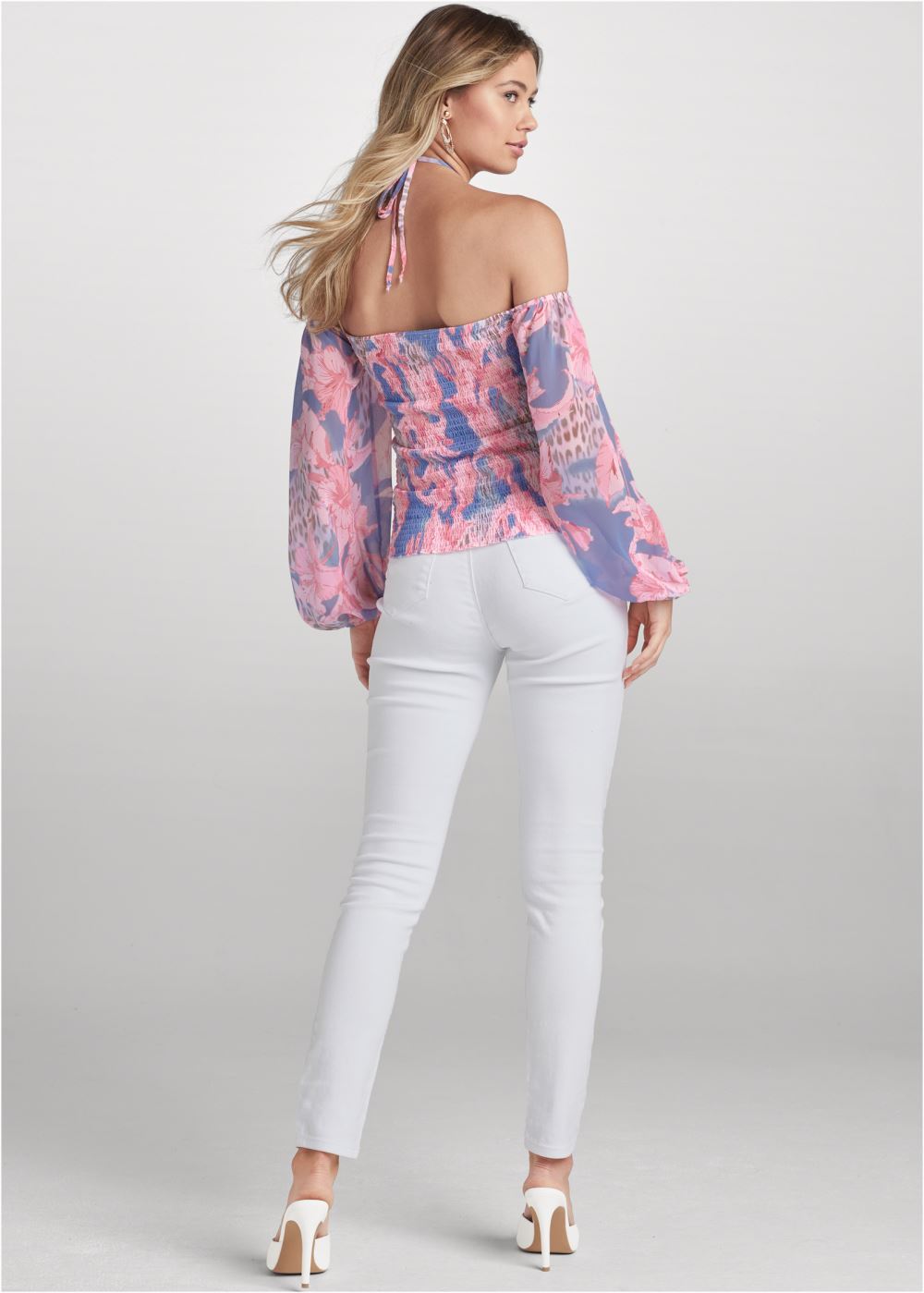 Venus Floral Y-Neck Smocked Top in Light Blue Multi