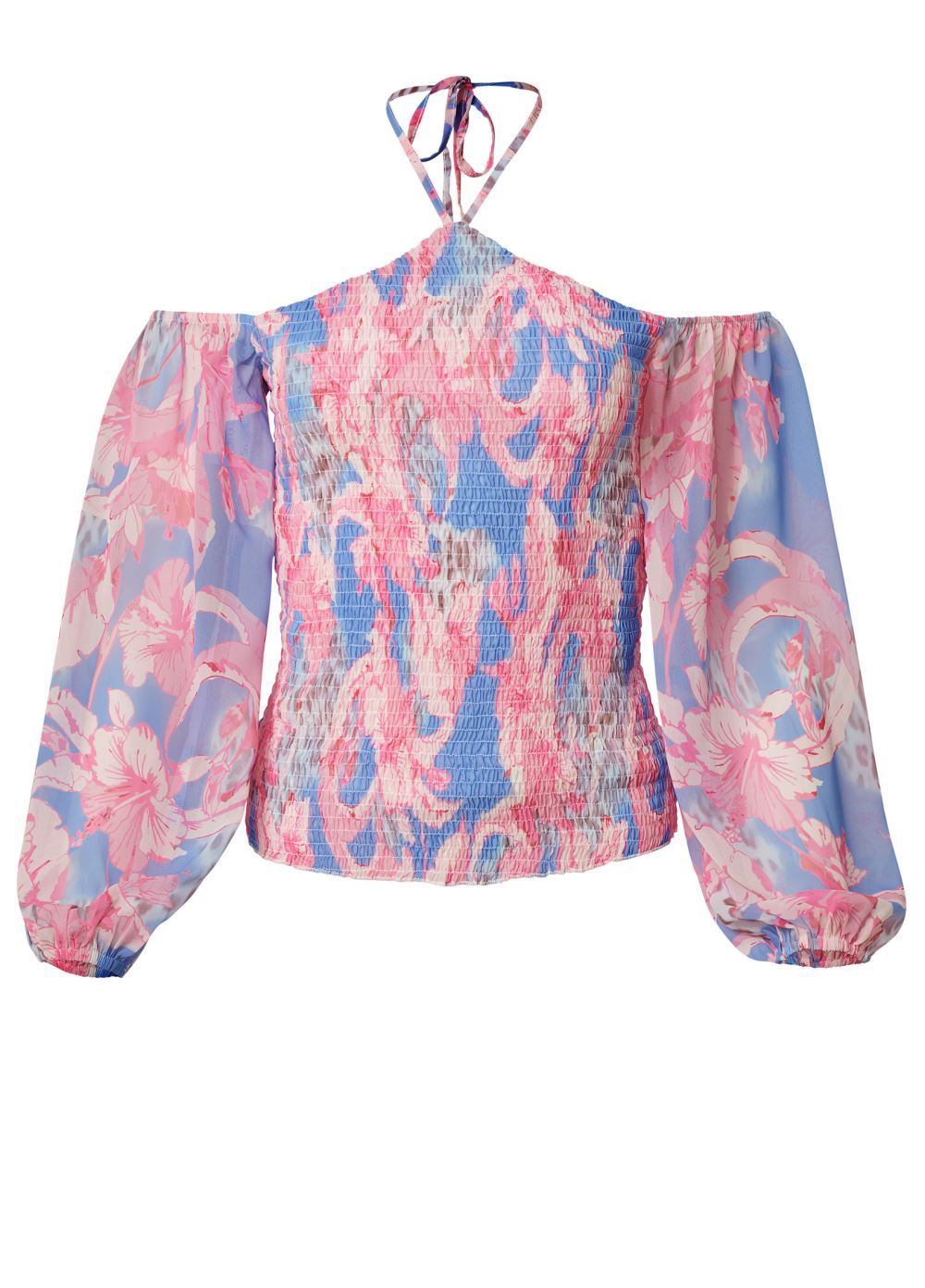 Venus Floral Y-Neck Smocked Top in Light Blue Multi