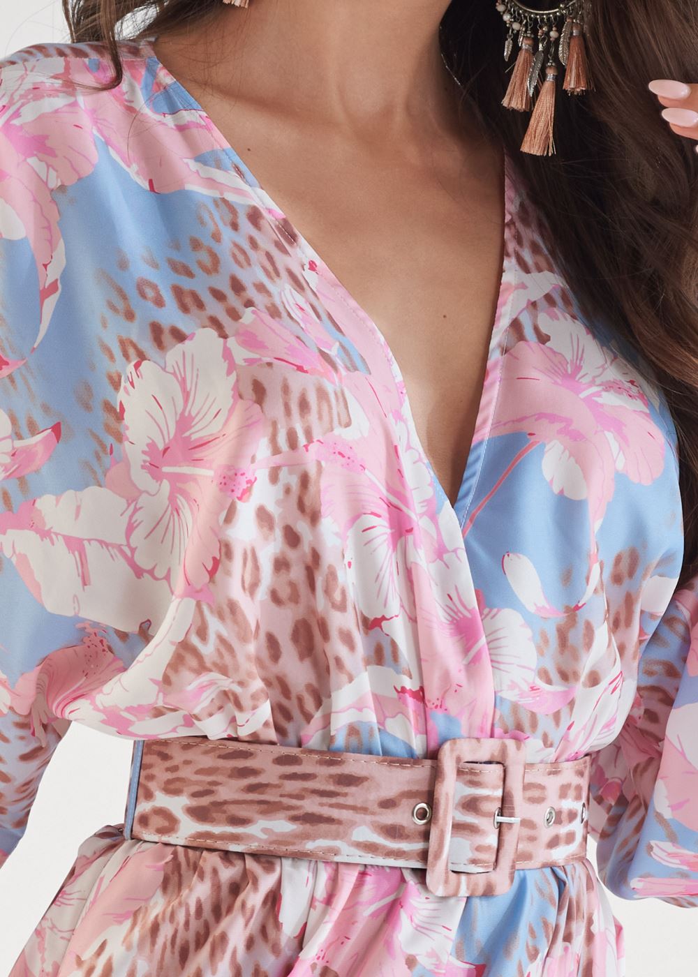 Venus Classic Cheetah And Tropical Floral Dress  - Light Blue Multi