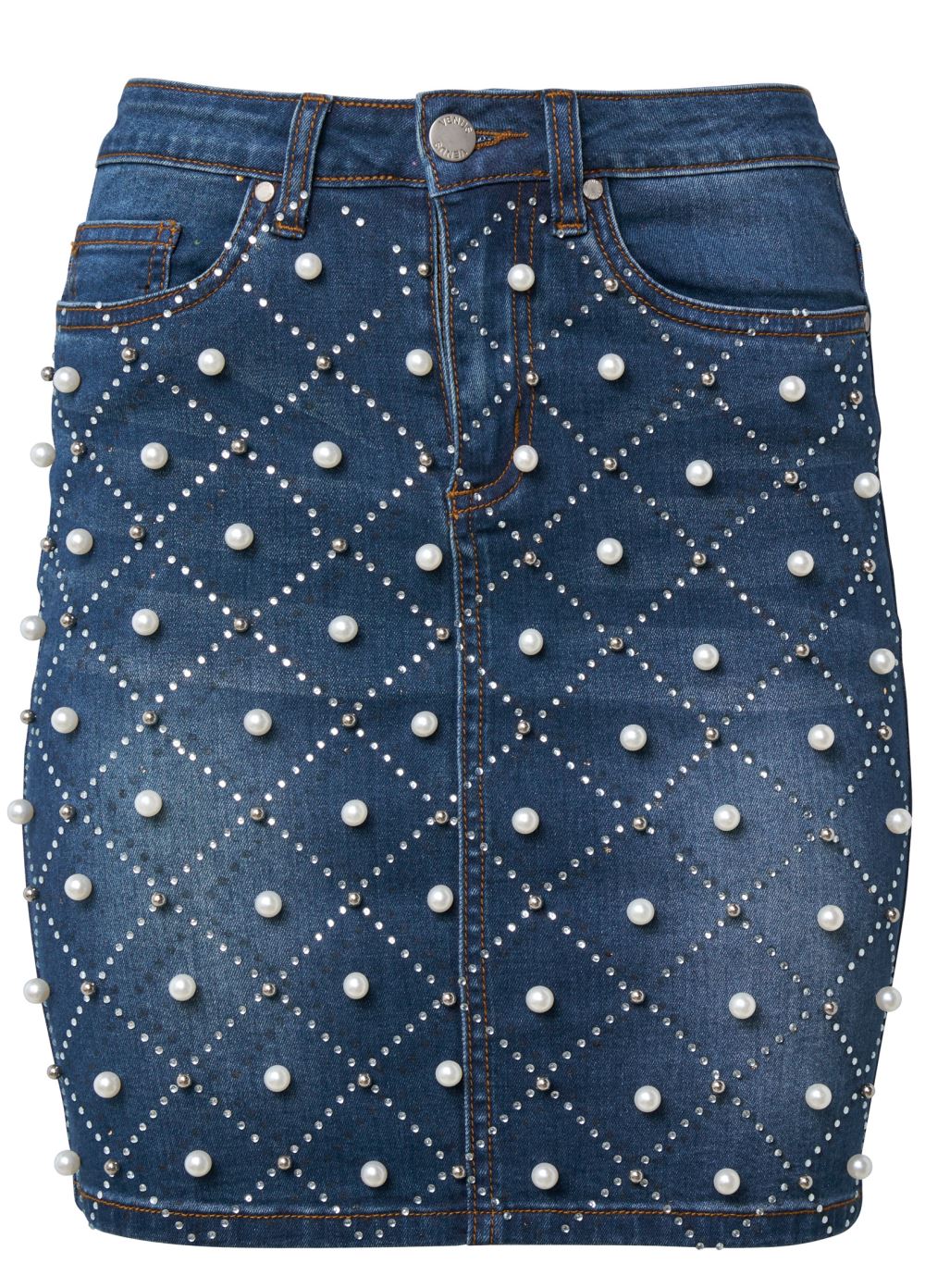 Venus Dark Wash JEAN SKIRT WITH FAUX PEARLS