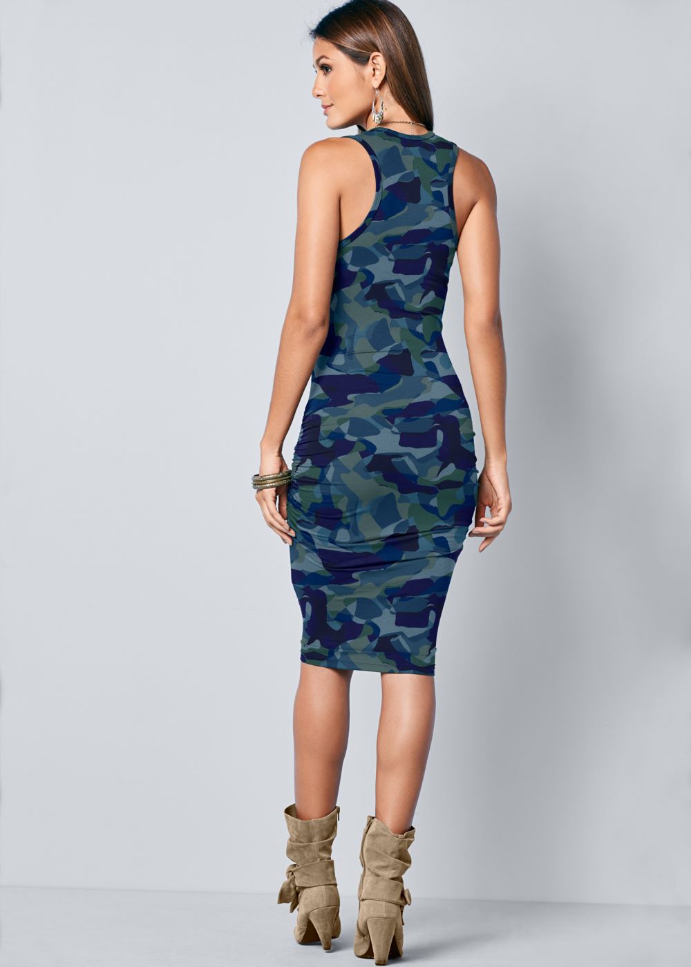 Venus Sleeveless Ruched Bodycon Midi Dress - Blue Multi