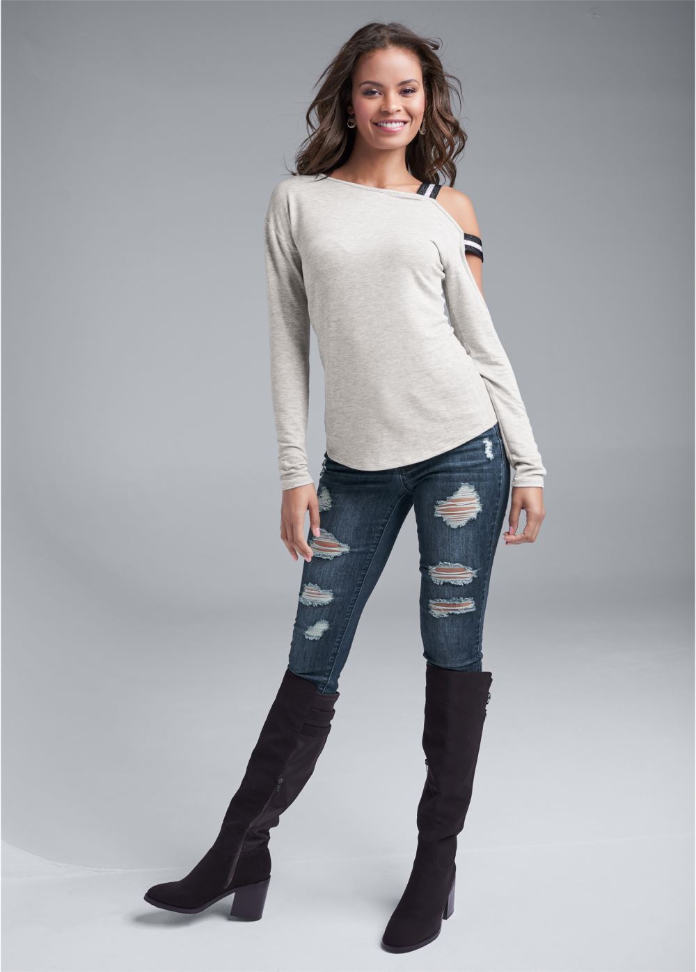 Venus Strap Detail Lounge Top in Heather Grey Multi