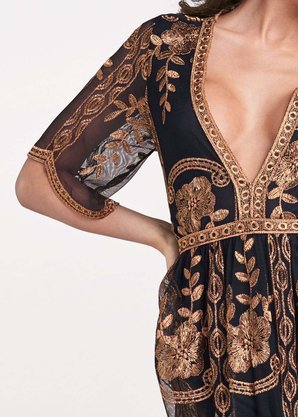 Venus Metallic Embroidered Romper in Black & Gold