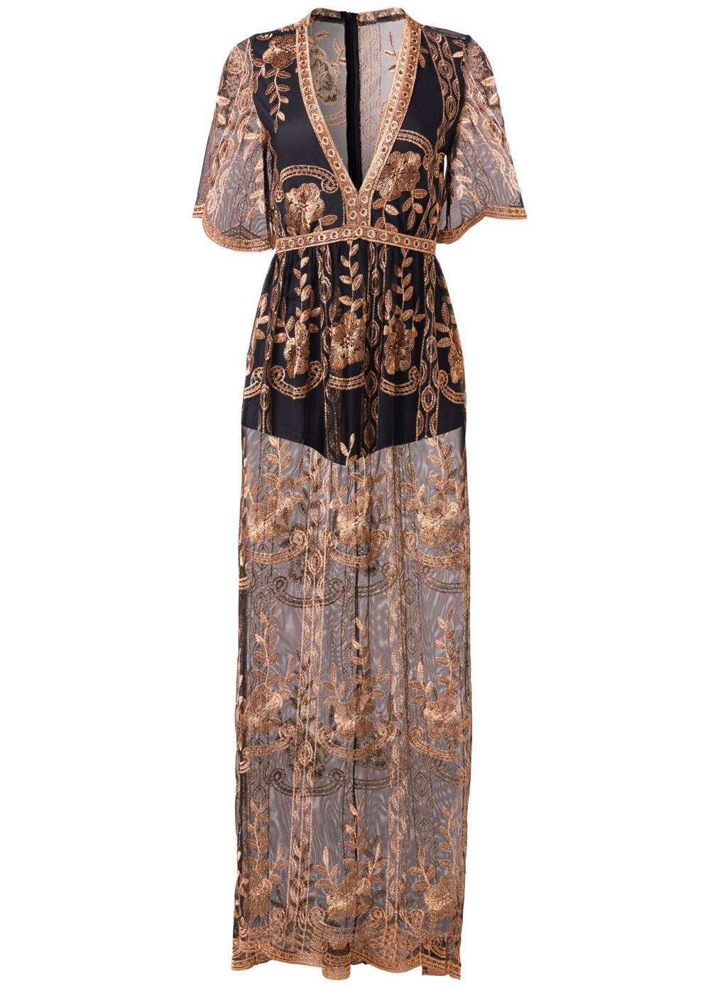 Venus Metallic Embroidered Romper in Black & Gold