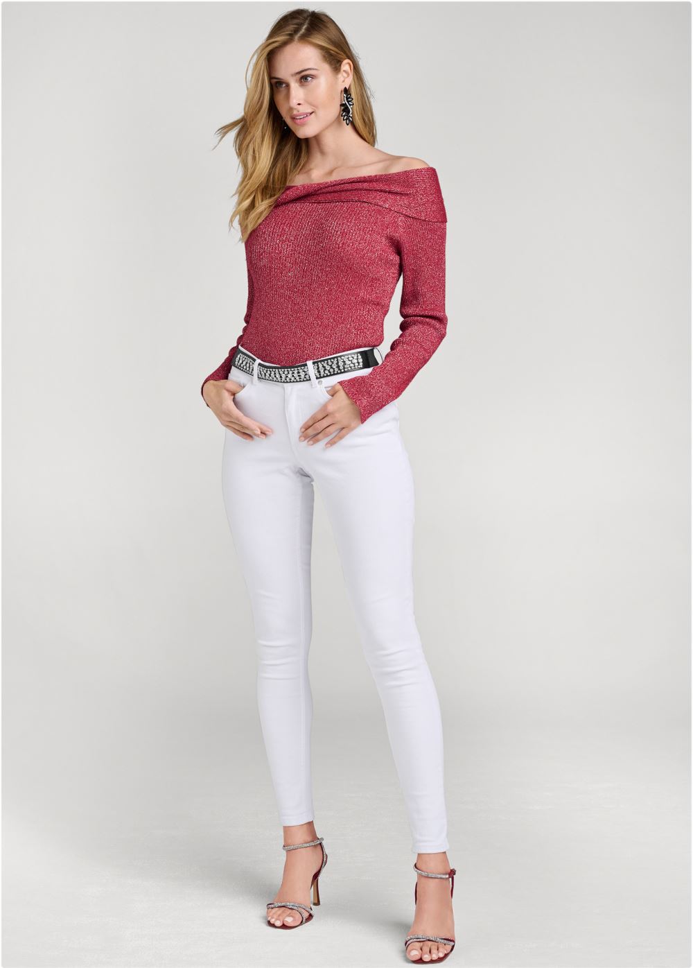 Venus VENUS | Off-The-Shoulder Shimmer Sweater in Red Multi