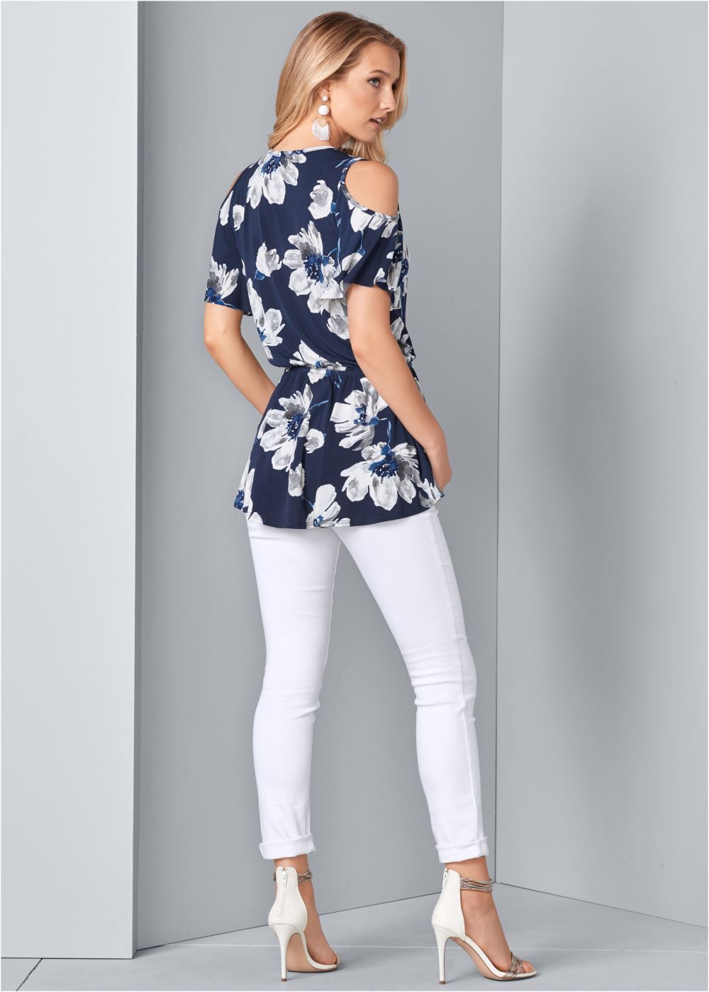 Venus Cold-Shoulder Print Top in Navy Multi