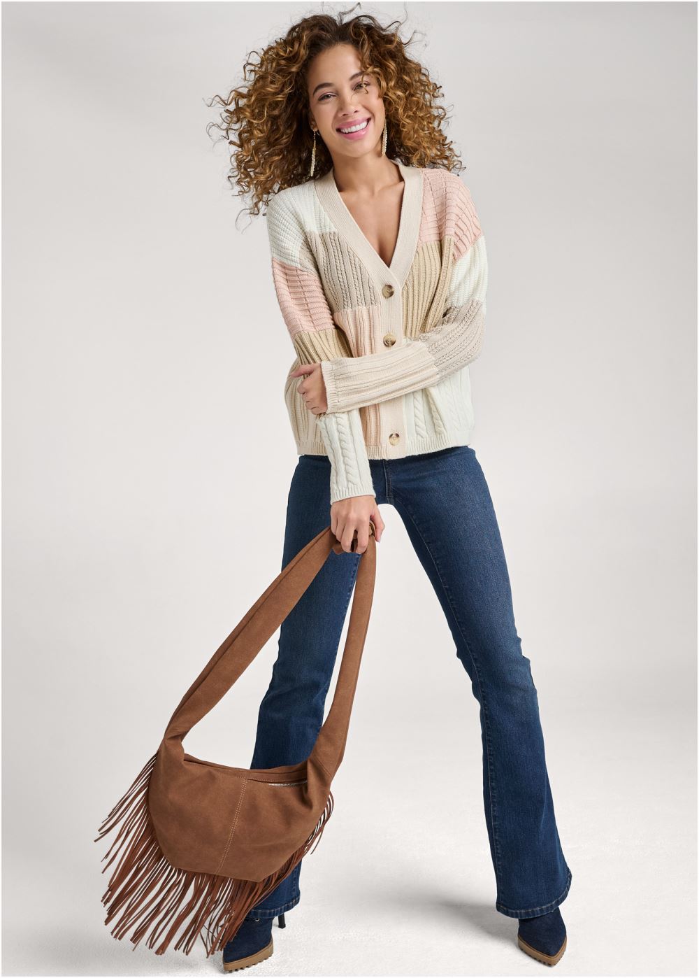 Venus VENUS | Patchwork Cable Knit Cardigan in Cream Multi