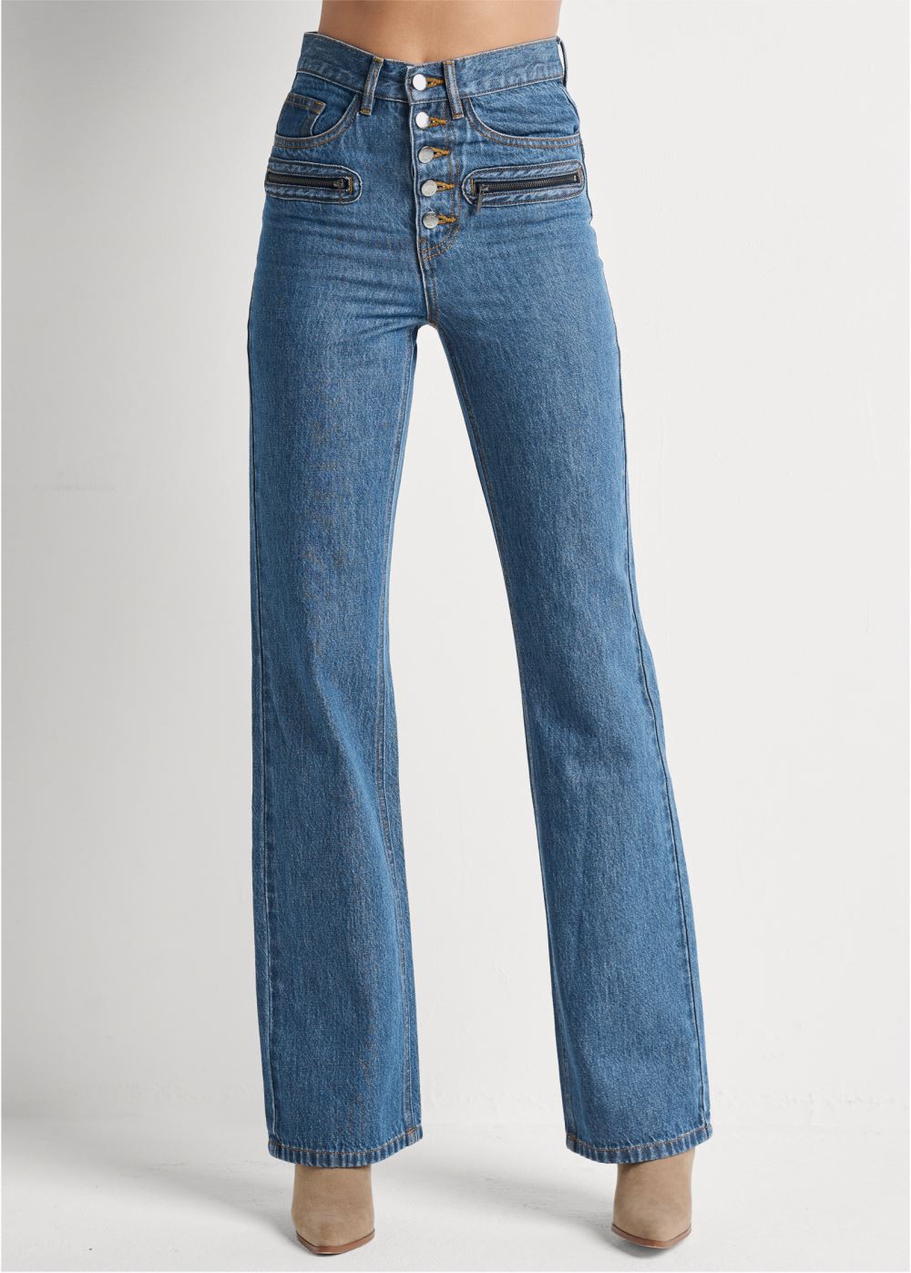 Venus Button Fly Relaxed Leg Jeans in Medium Wash