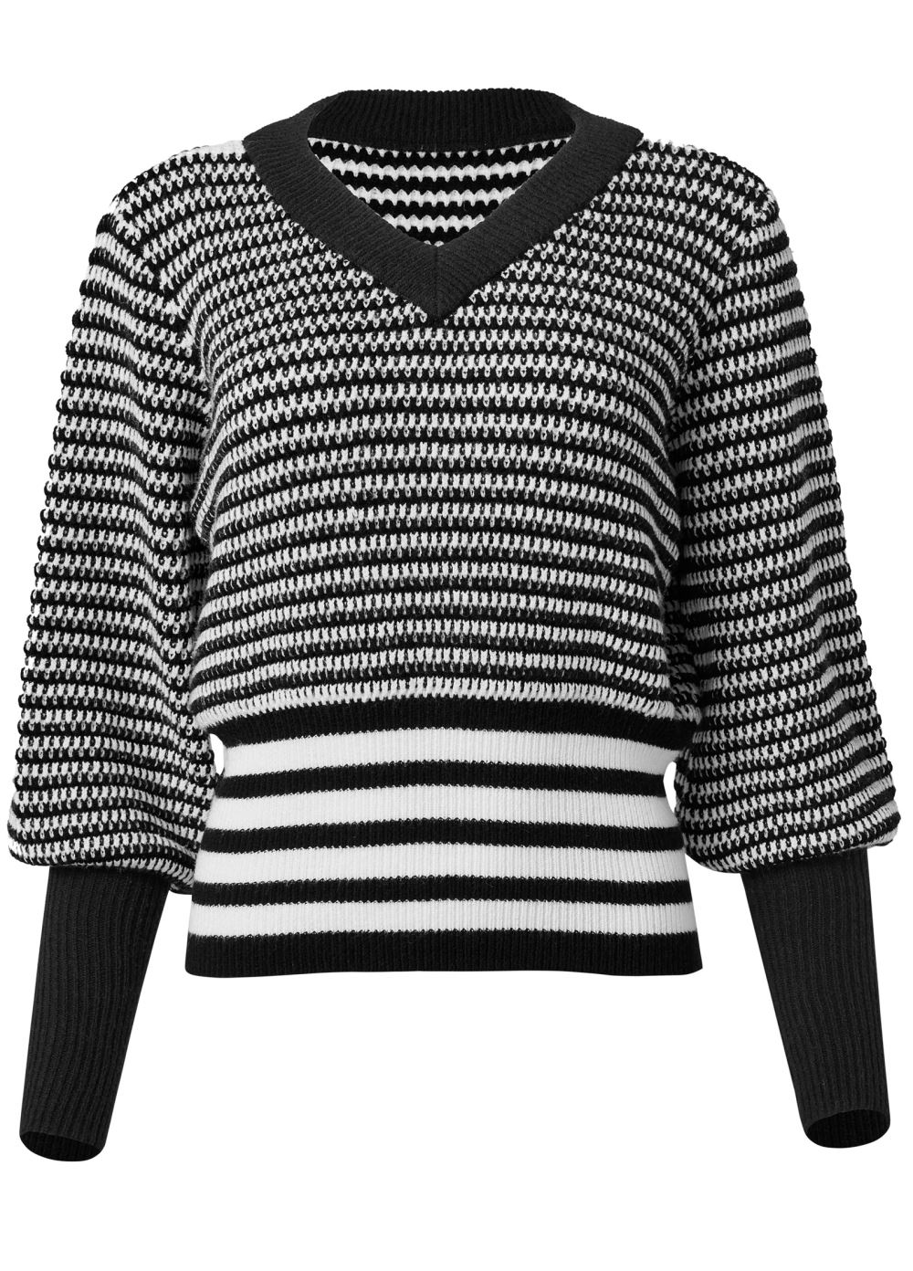 Venus VENUS | Cropped Stripe V-Neck Sweater in Black & White