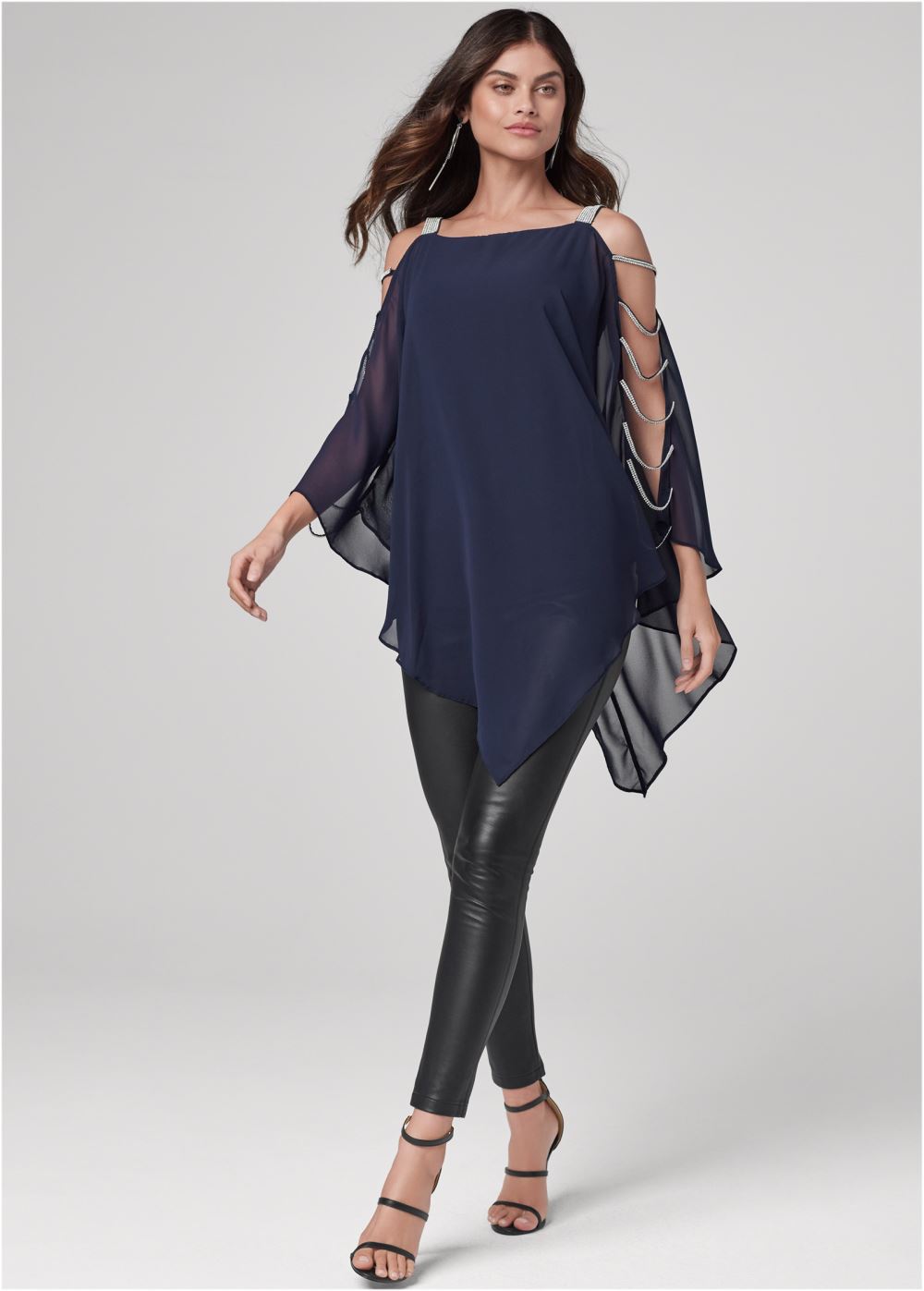 Venus Rhinestone Sleeve Detail Top in Navy