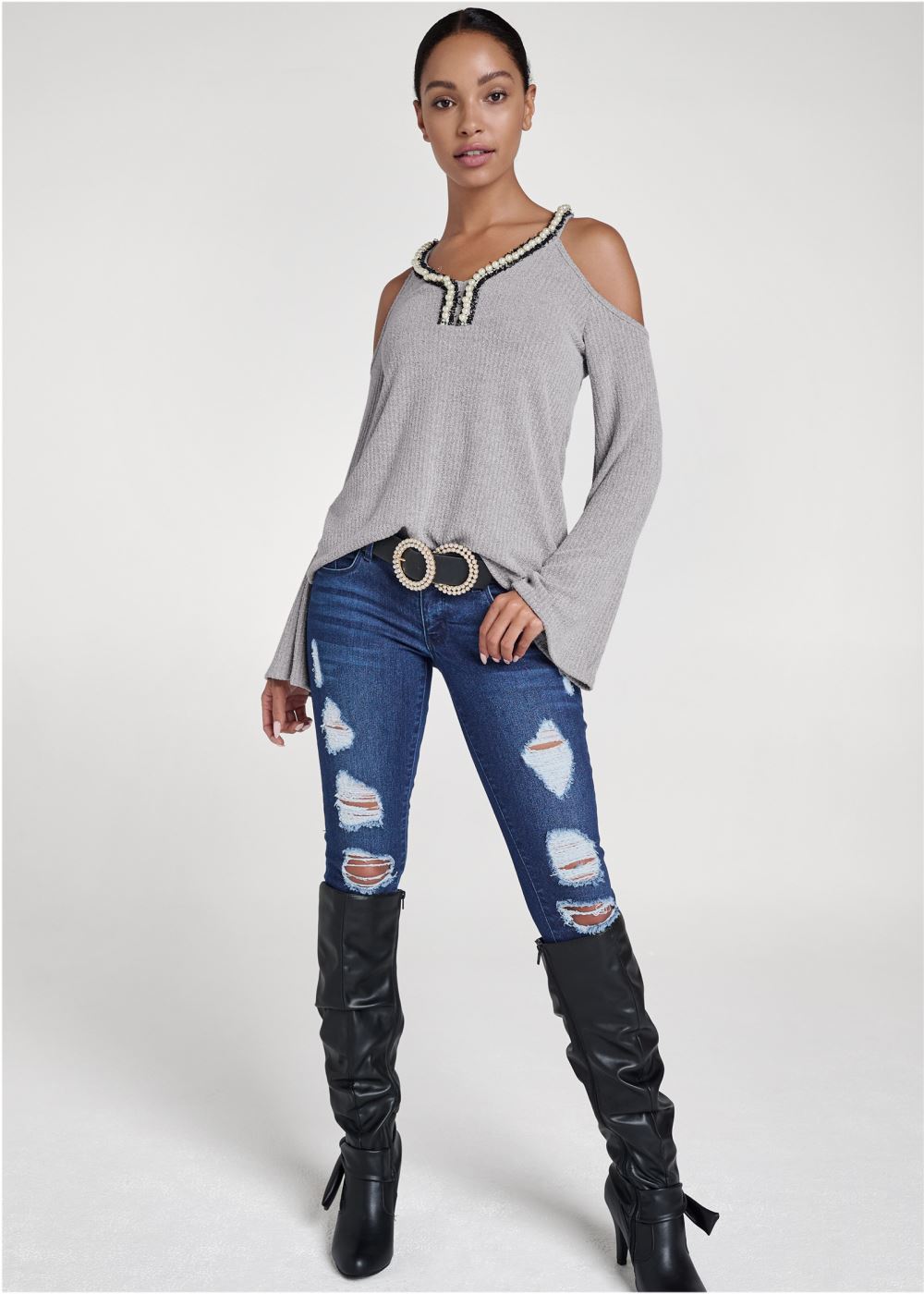 Venus Pearl Trim Bell Sleeve Top in Grey