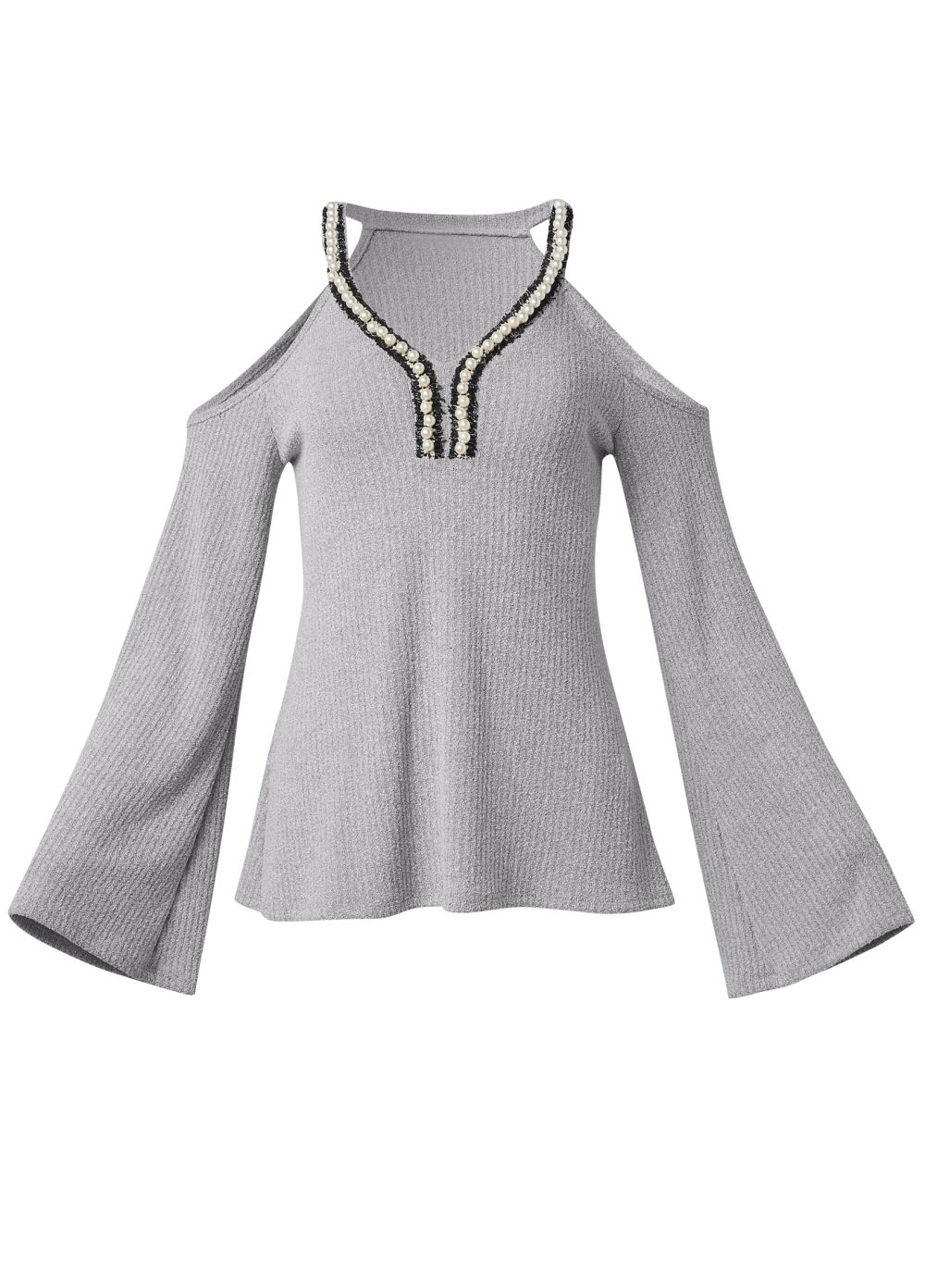 Venus Pearl Trim Bell Sleeve Top in Grey