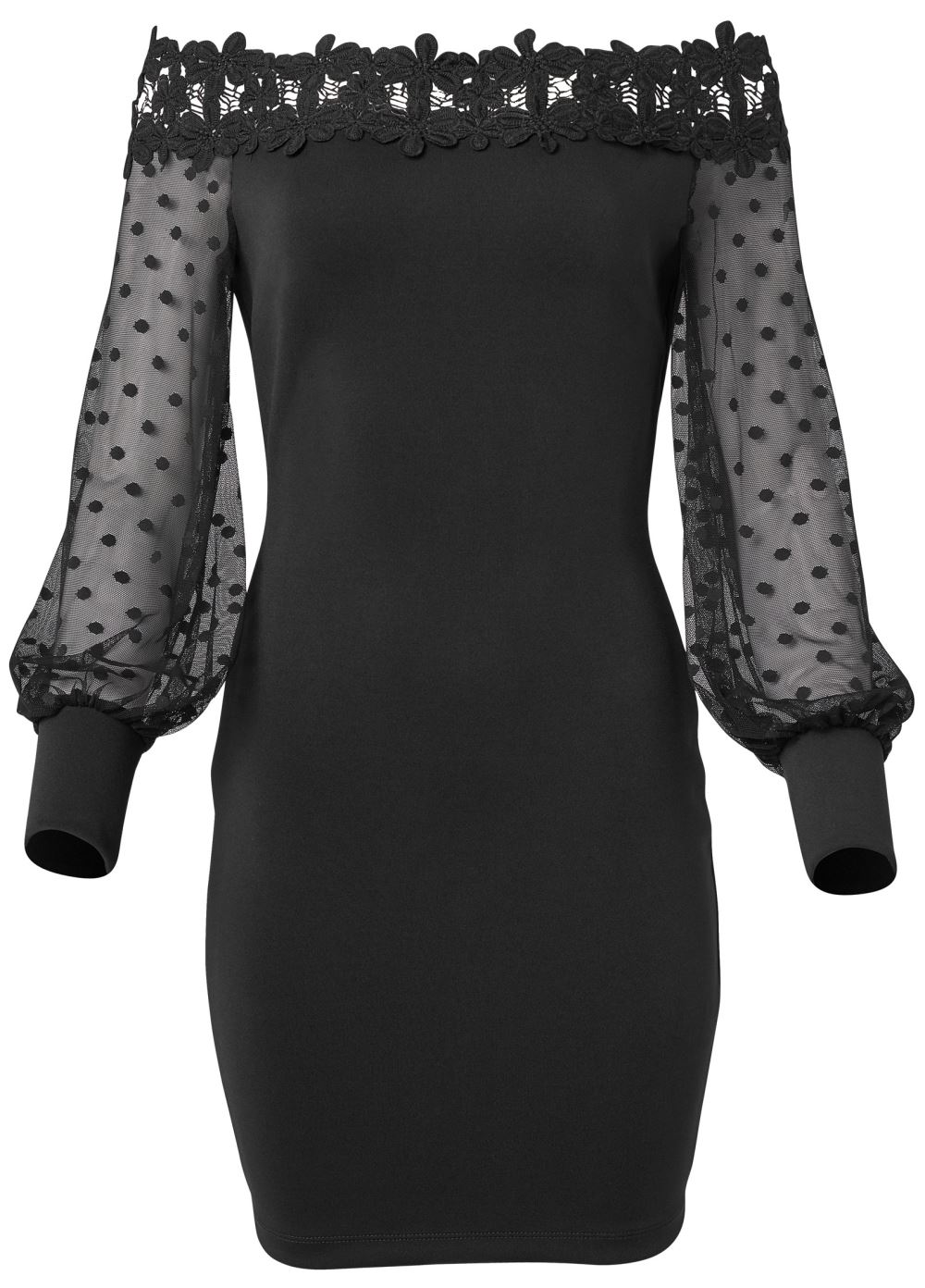 Venus Dotted Mesh Off-The-Shoulder Dress - Black