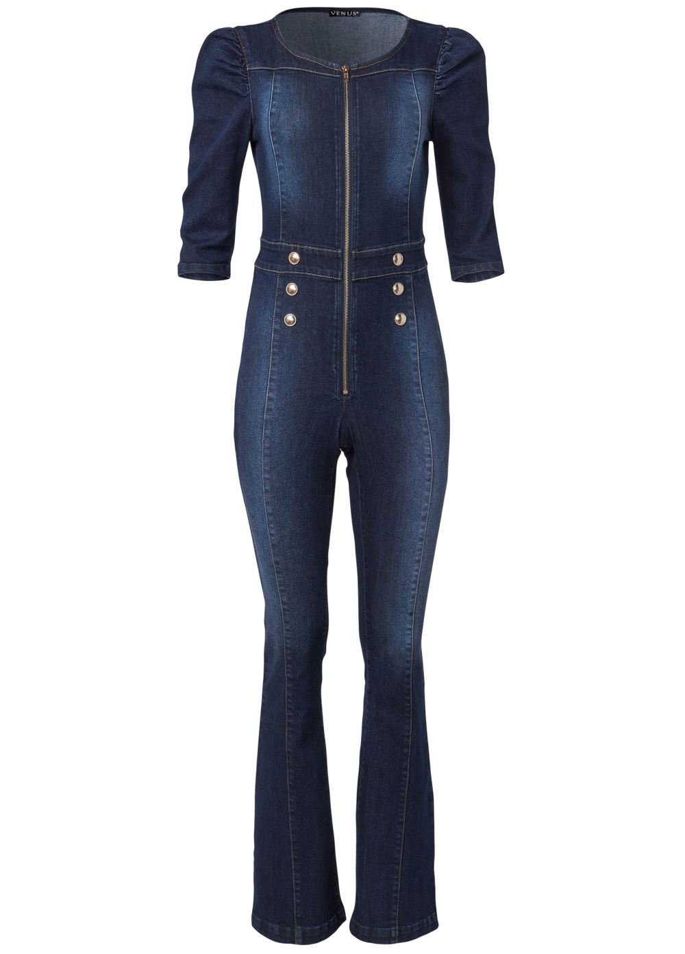 Venus Denim Zip Jumpsuit in Dark Wash
