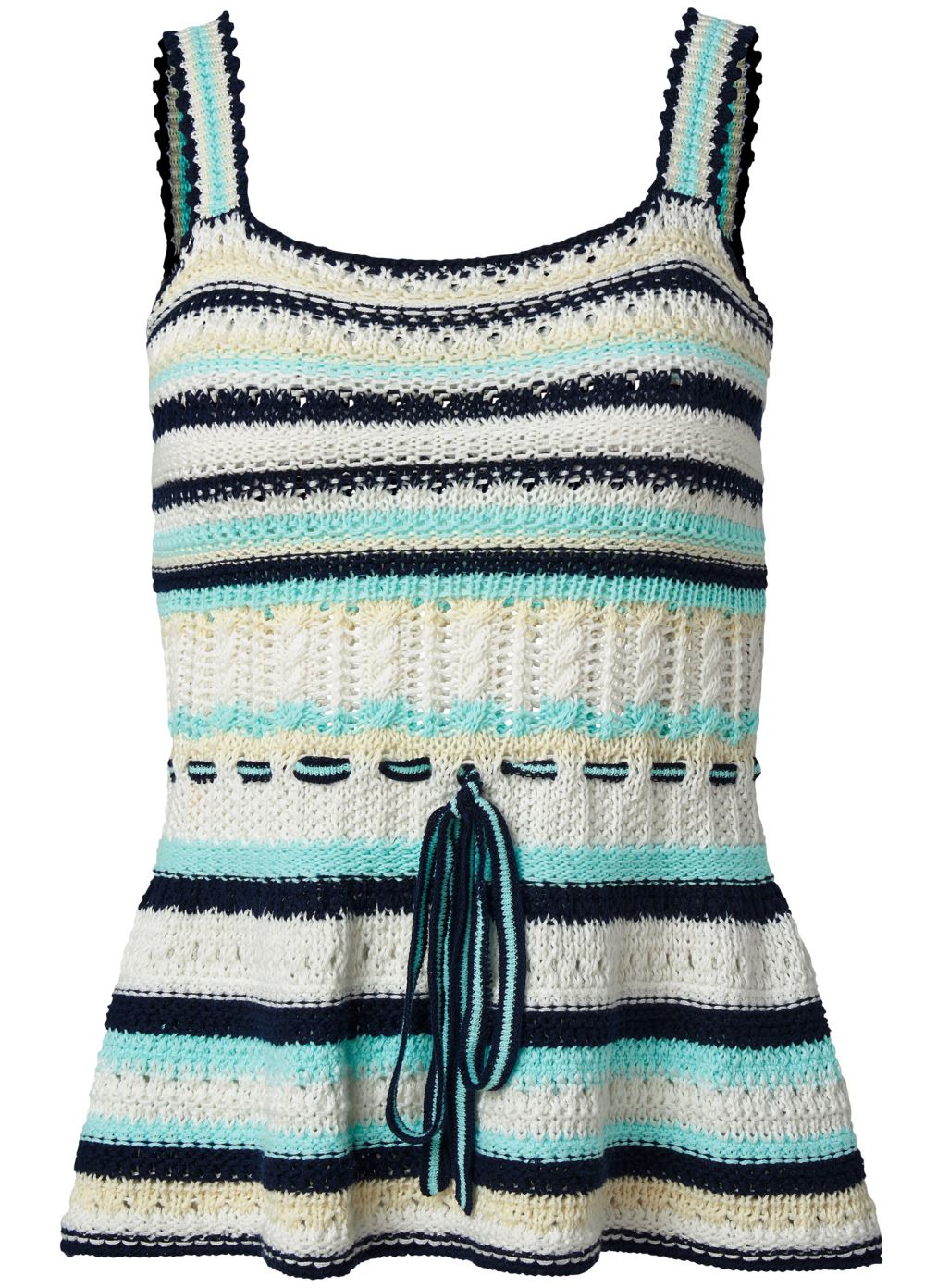 Venus VENUS | Striped Crochet Peplum Tie Sweater in White Multi