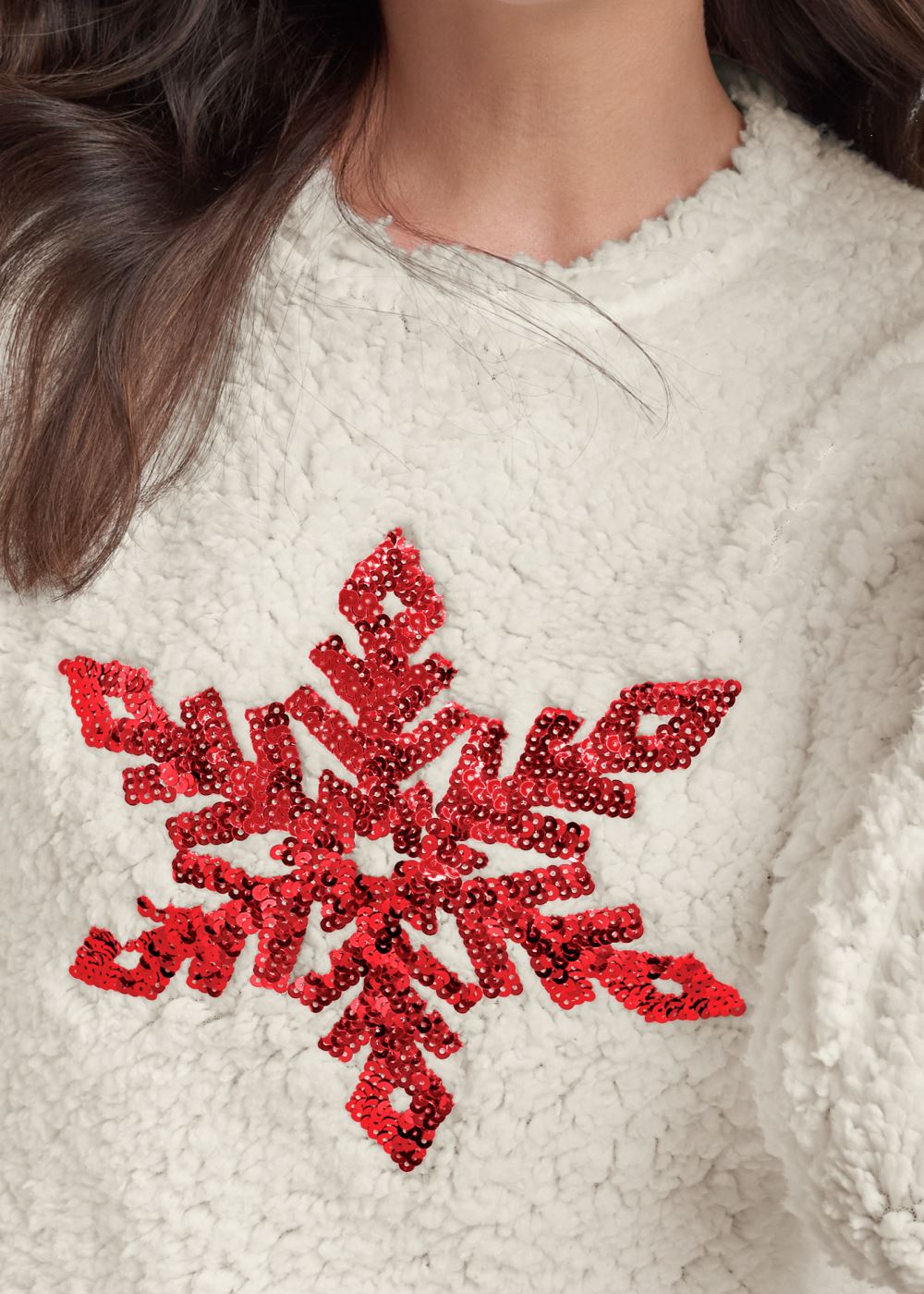 Venus VENUS | Snowflake Sherpa Sweatshirt in White & Red