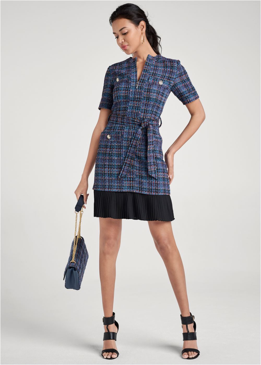Venus Belted Tweed Dress - Navy Multi