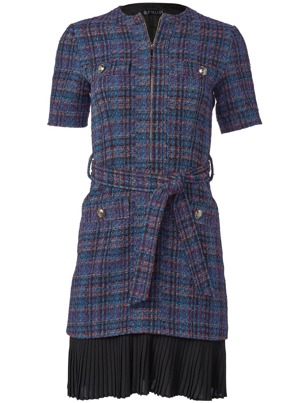 Venus Belted Tweed Dress - Navy Multi
