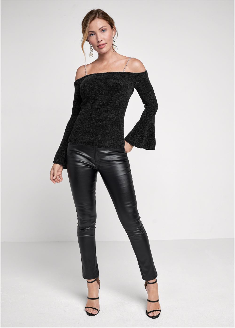 Venus VENUS | Off-The-Shoulder Pearl Strap Chenille Sweater in Black