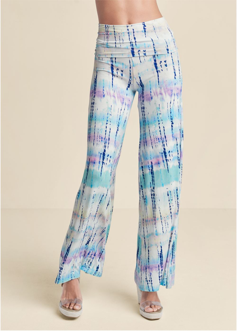 Venus Tie Dye Fold Over Pants in White Multi