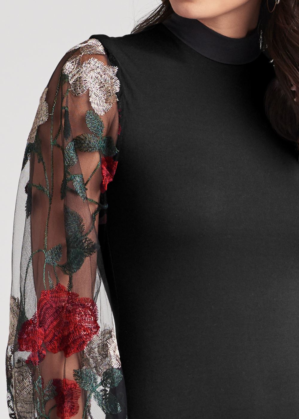 Venus Embroidered Floral Puff Sleeve Dress - Black Multi