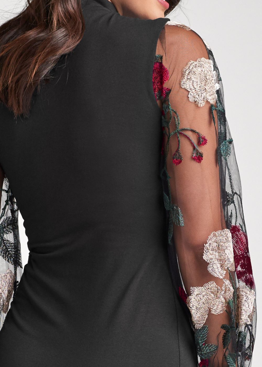 Venus Embroidered Floral Puff Sleeve Dress - Black Multi