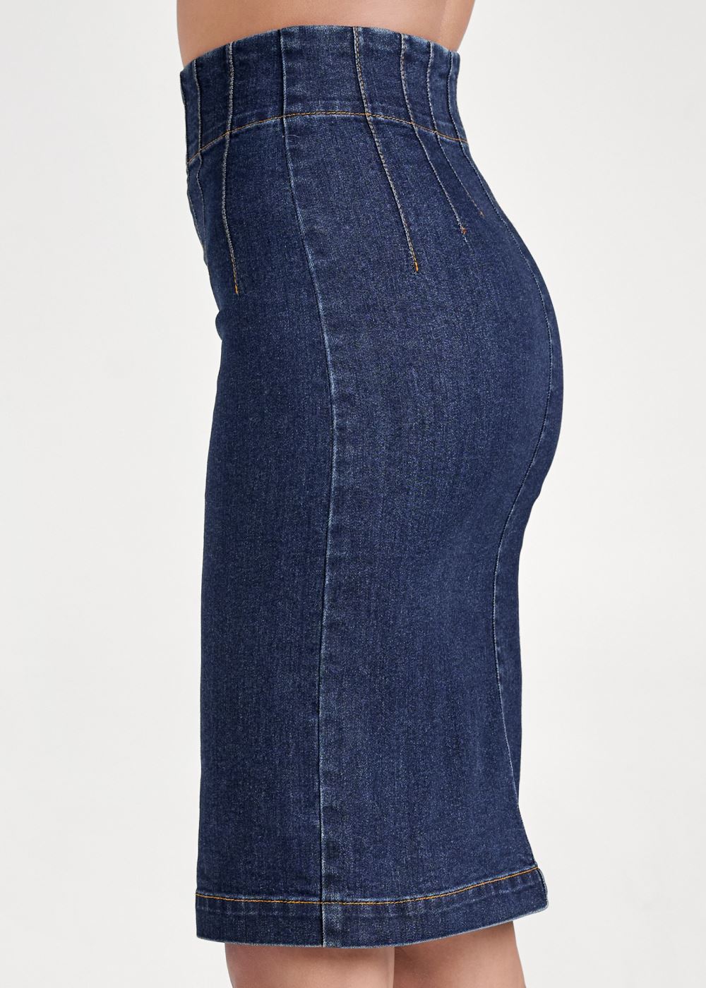 Venus Pintuck Front Zipper Skirt - Dark Wash
