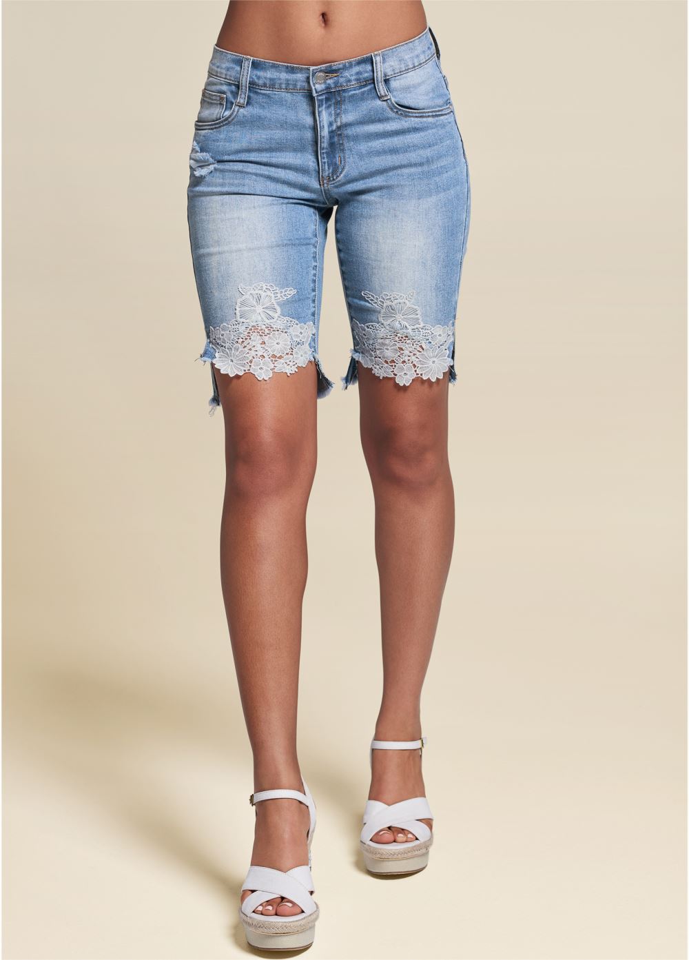 Venus Lace Trim Bermuda Shorts - Medium Wash