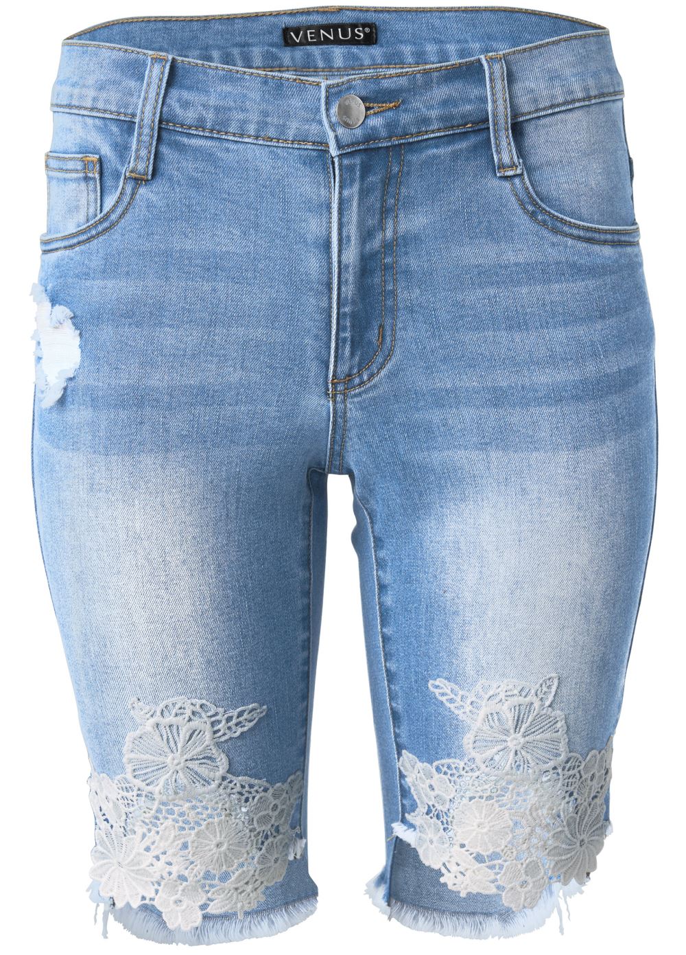 Venus Lace Trim Bermuda Shorts - Medium Wash