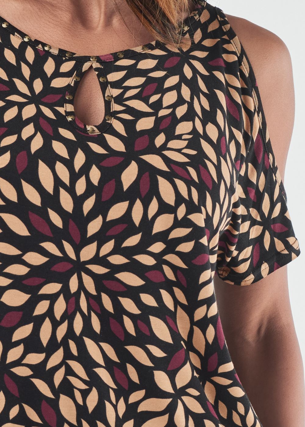 Venus Printed Cold-Shoulder Top in Brown Multi