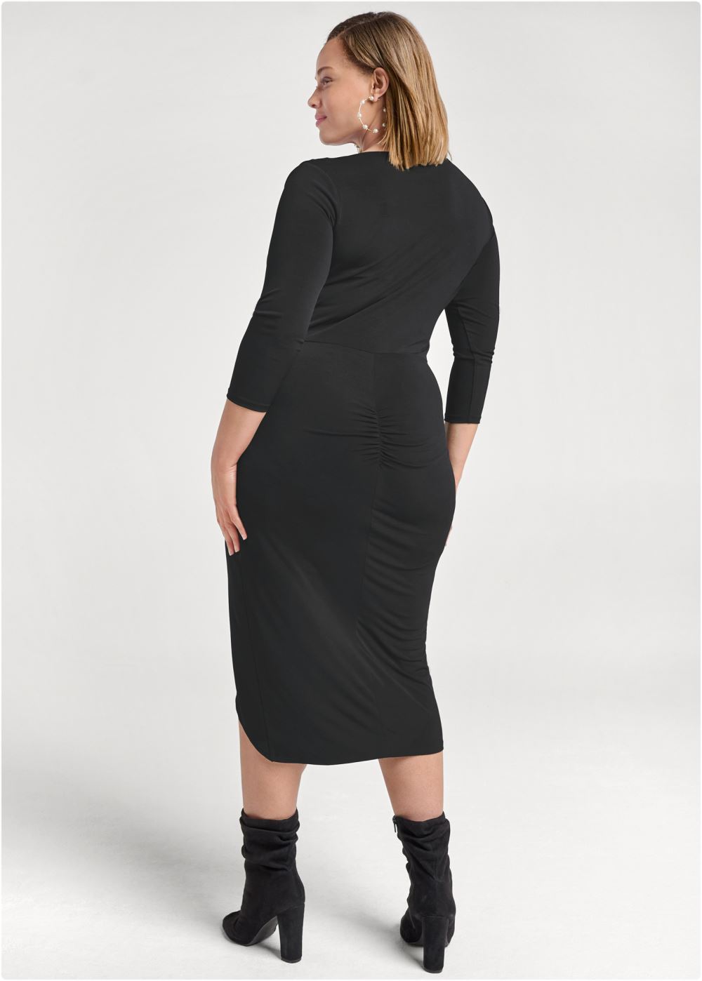 Venus Black RUCHED BODYCON MIDI DRESS