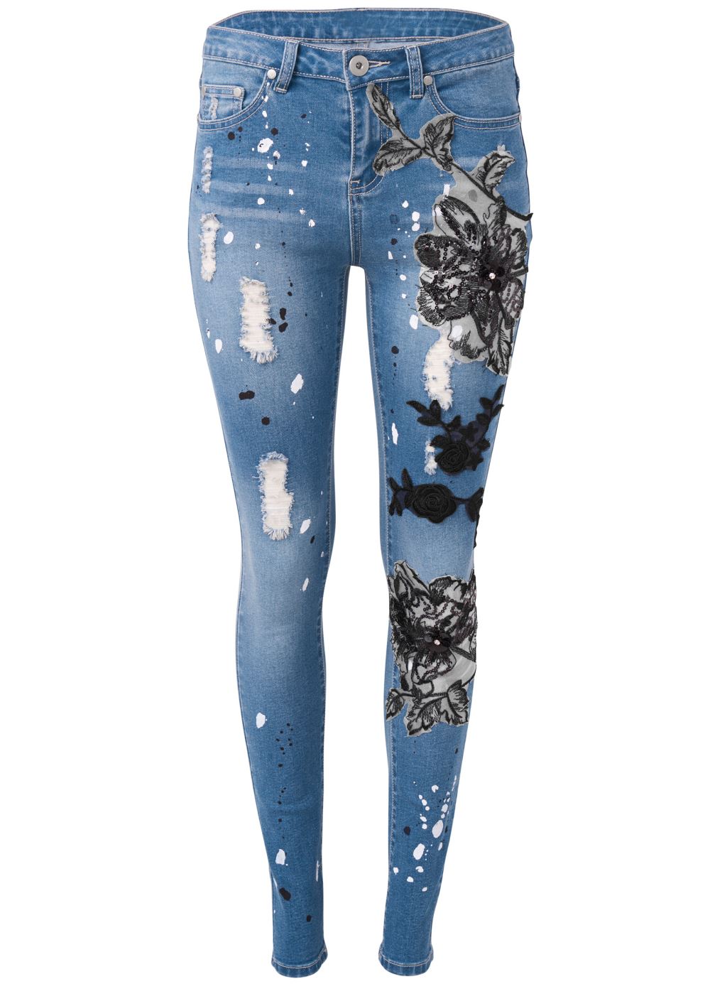 Venus Plus Size Floral Applique Skinny Jeans in Medium Wash