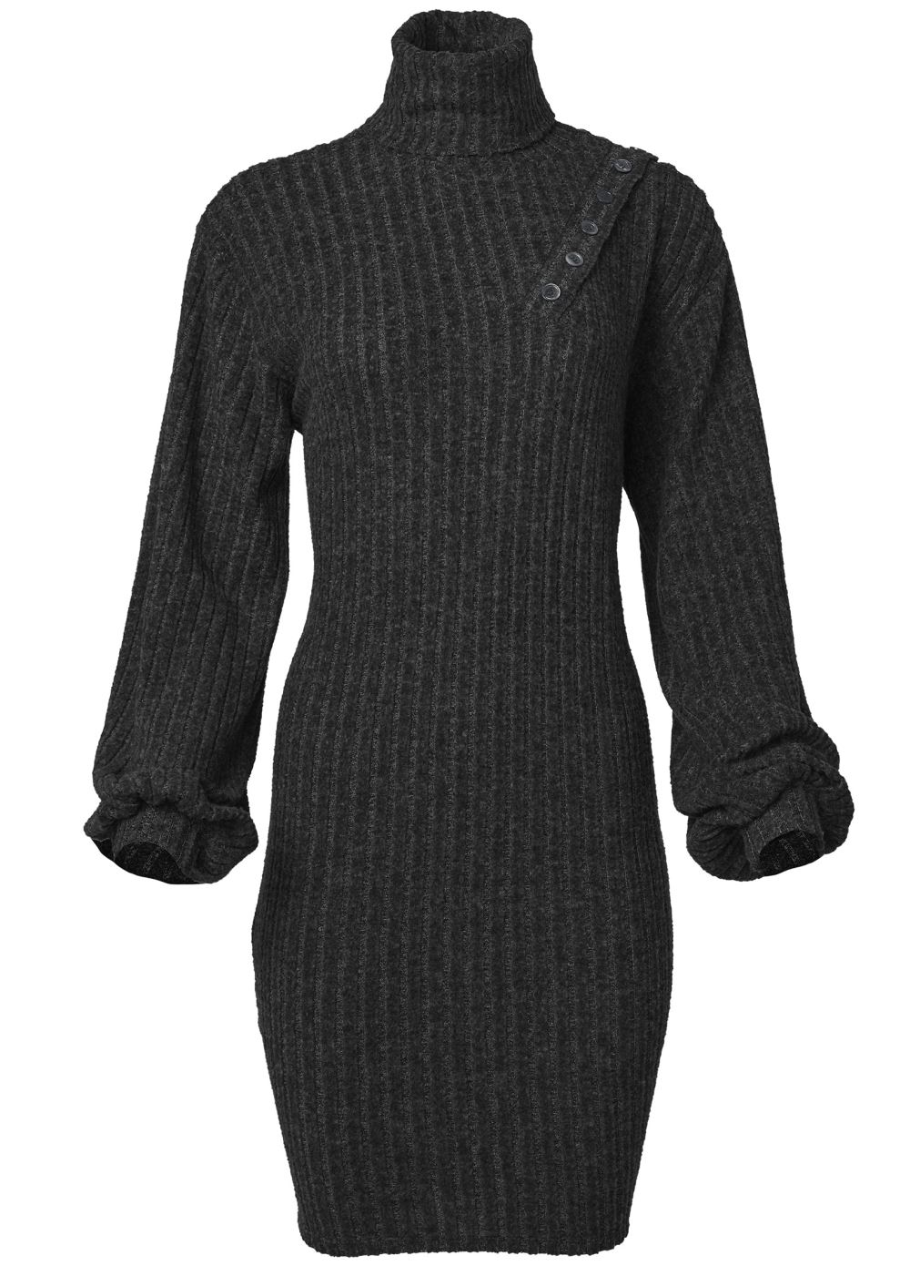 Venus Plus Size Ribbed Hacci Button Dress in Black