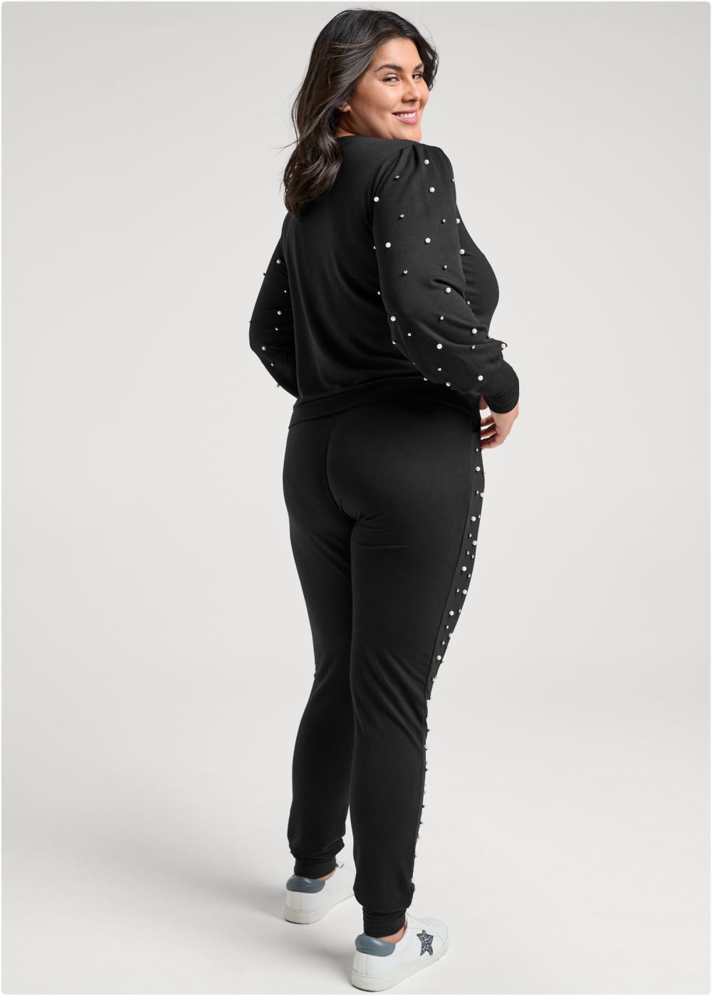 Venus Plus Size Pearl Detail Lounge Pant Set in Black