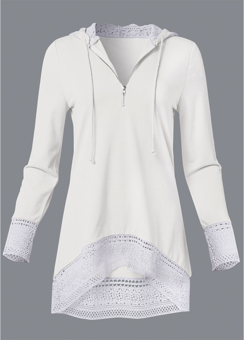 Venus Plus Size Crochet Trim Zipper Hoodie in Off White