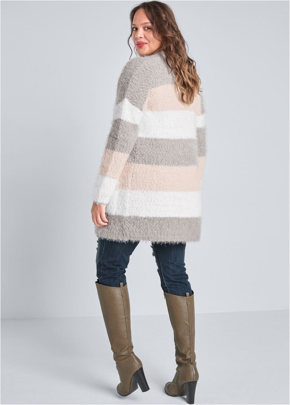 Venus Plus Size Cozy Striped Cardigan in Blush Multi
