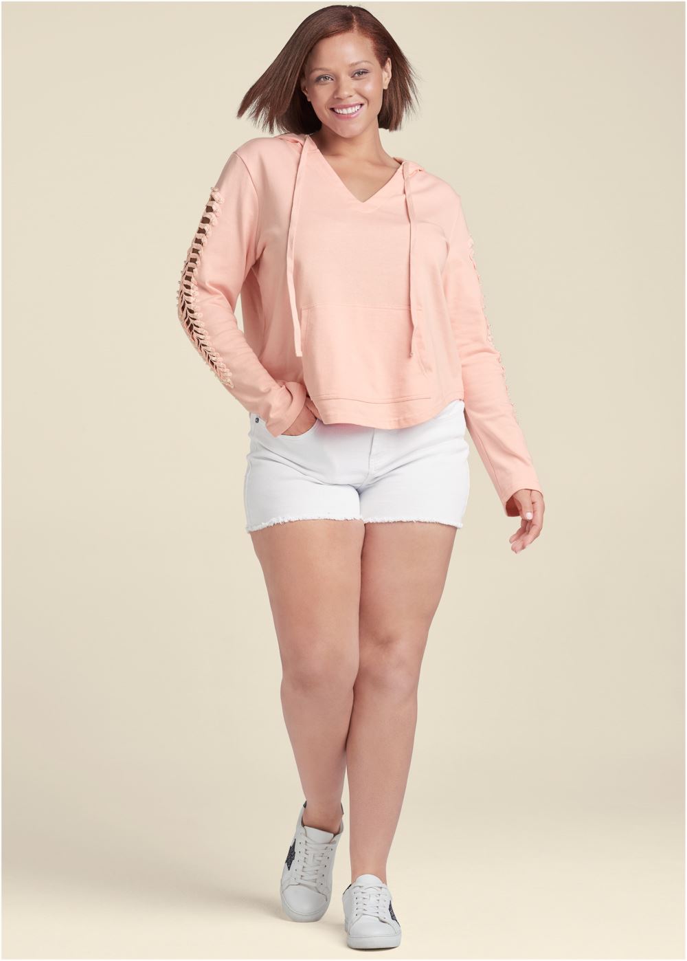 Venus Plus Size Pearl Cutout Sleeve Hoodie in Pink