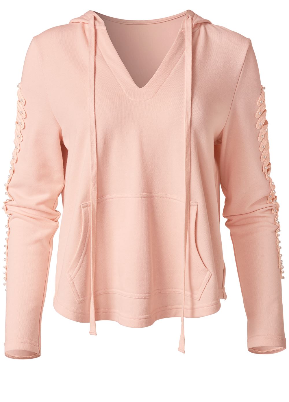 Venus Plus Size Pearl Cutout Sleeve Hoodie in Pink