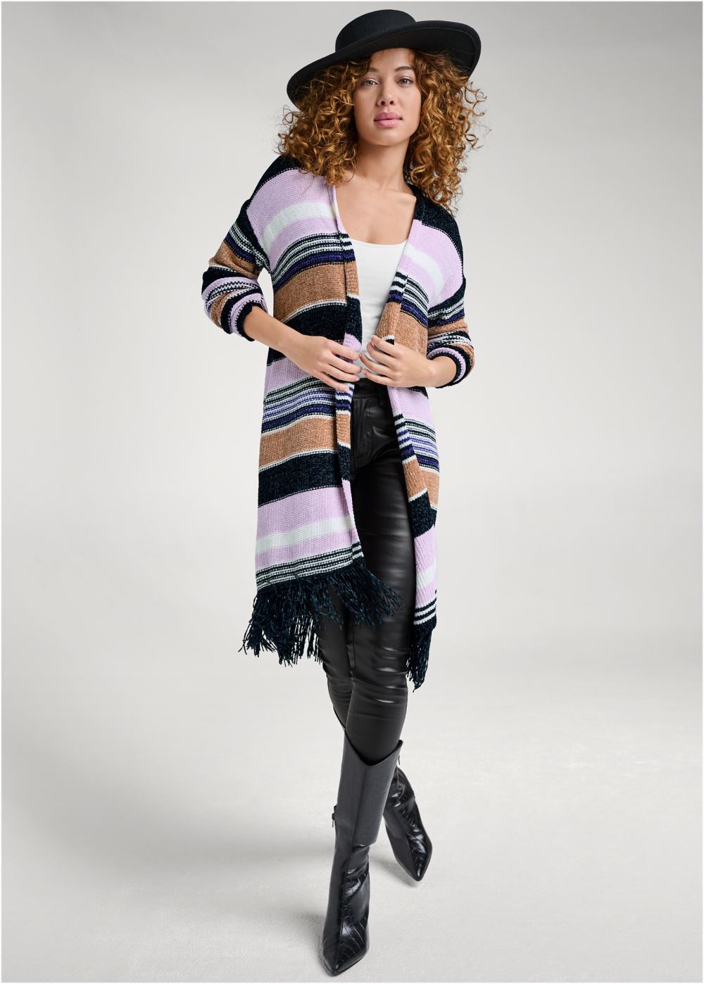 Venus Plus Size Chenille Striped Cardigan in Purple Multi