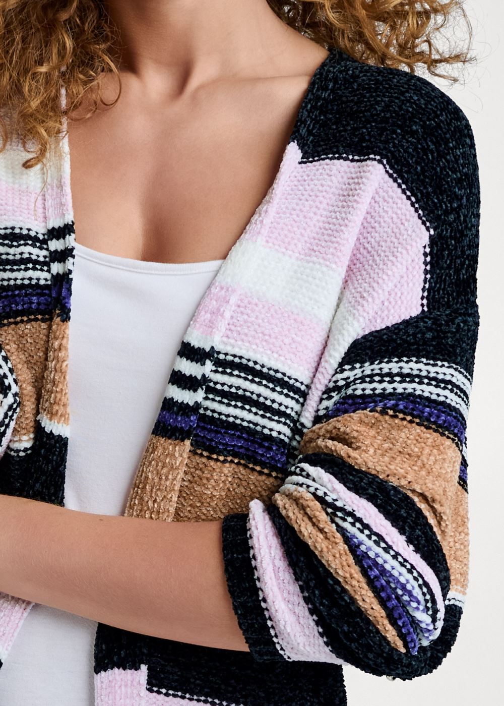 Venus Plus Size Chenille Striped Cardigan in Purple Multi