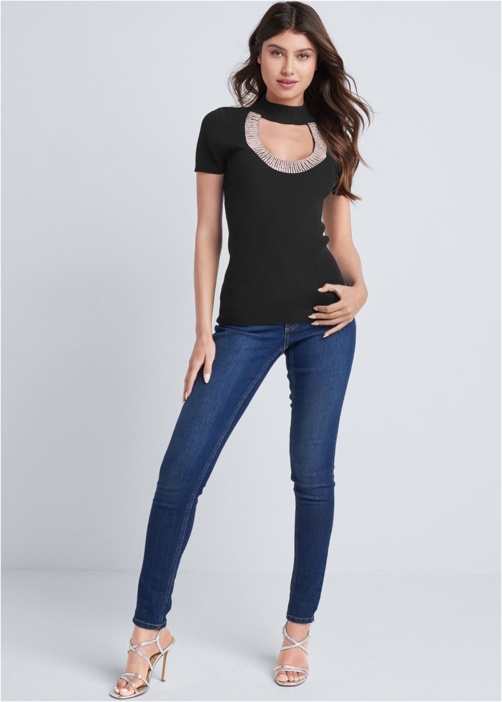Venus Plus Size Rhinestone Trim Sweater in Black