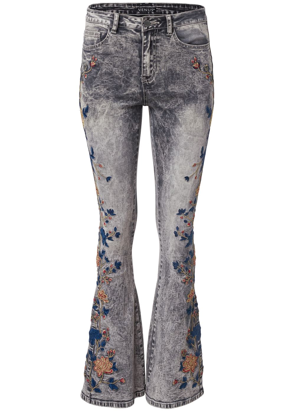 Venus Plus Size Floral Embroidered Jeans in Black Acid Wash