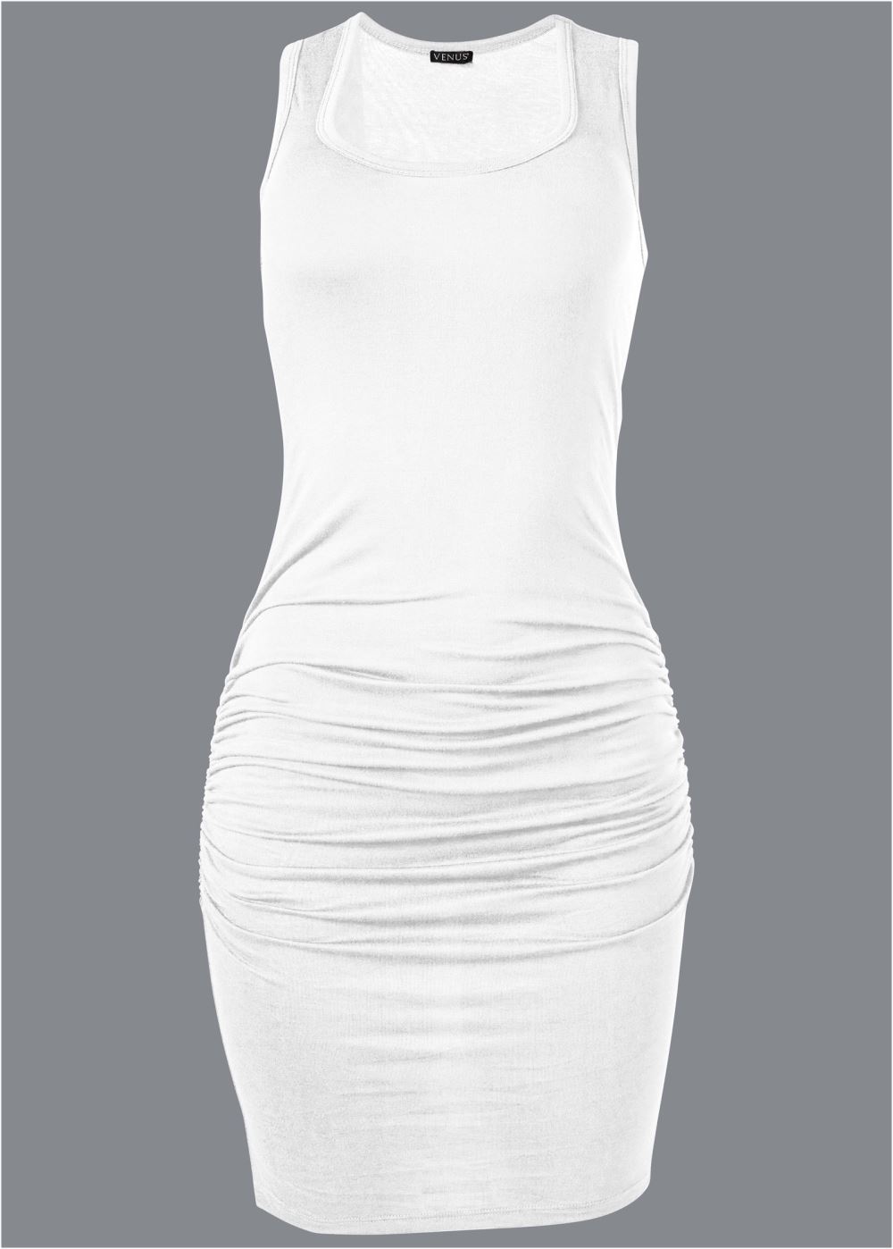 Venus White Sleeveless Ruched Bodycon Midi Dress