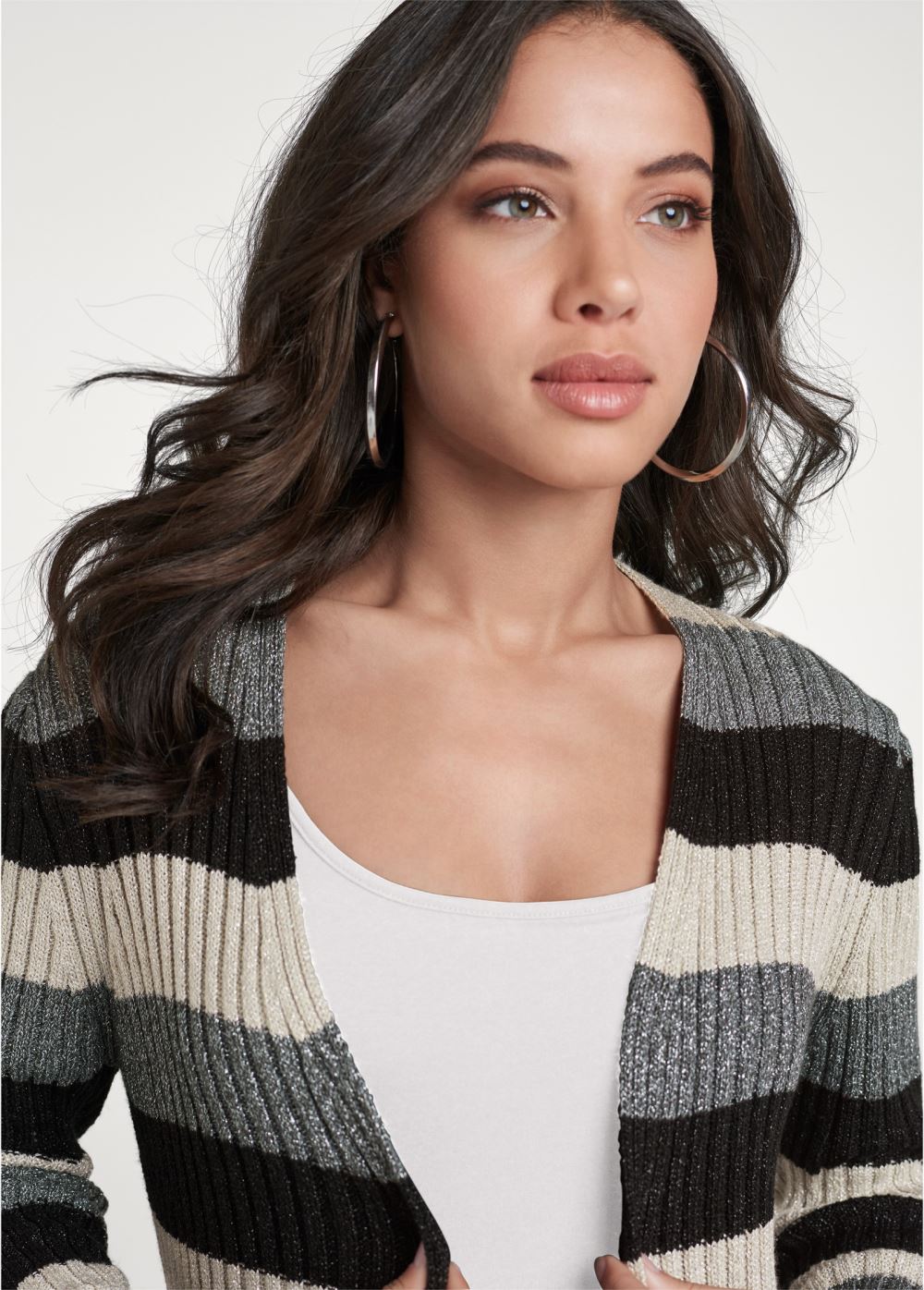 Venus Plus Size Striped Ribbed Cardigan in Black Multi