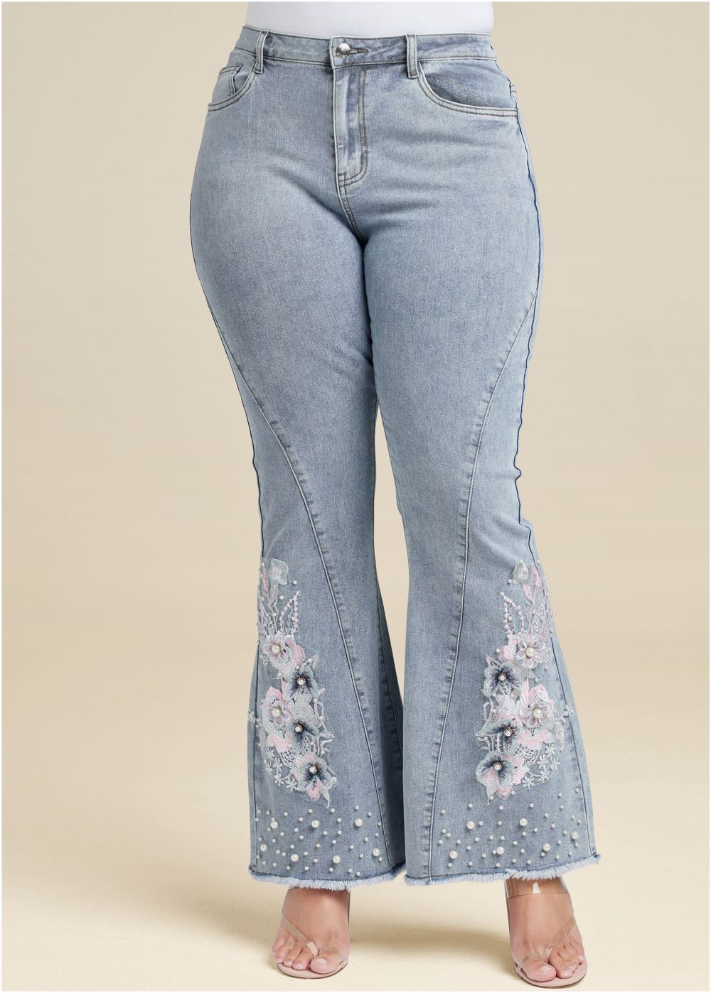 Venus Plus Size Floral Applique Wide Leg Jeans in Light Wash