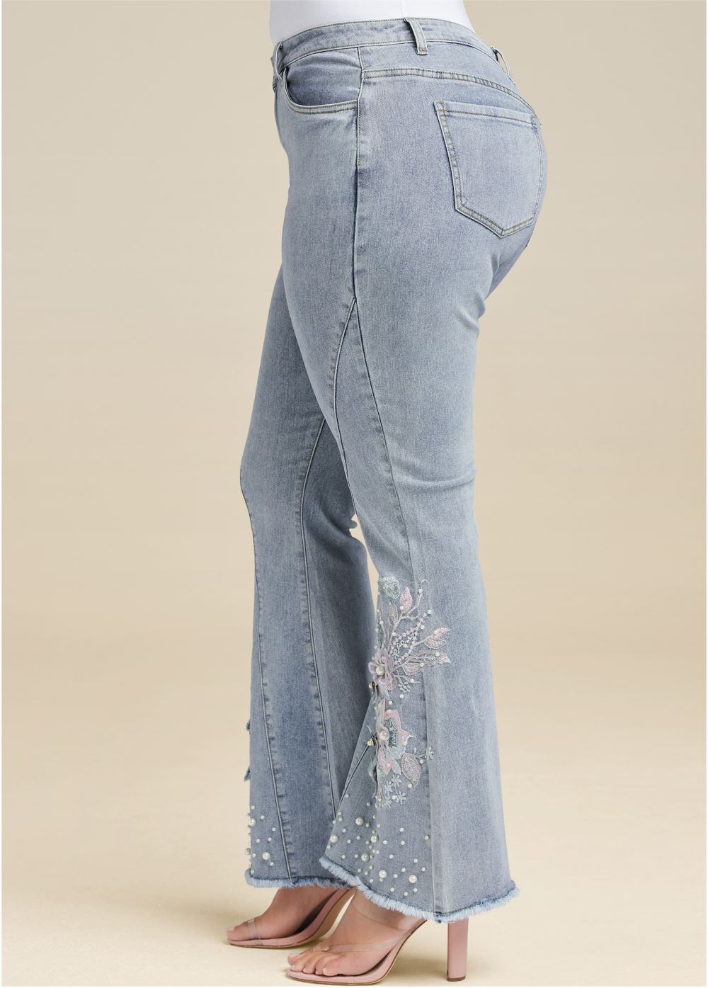Venus Plus Size Floral Applique Wide Leg Jeans in Light Wash