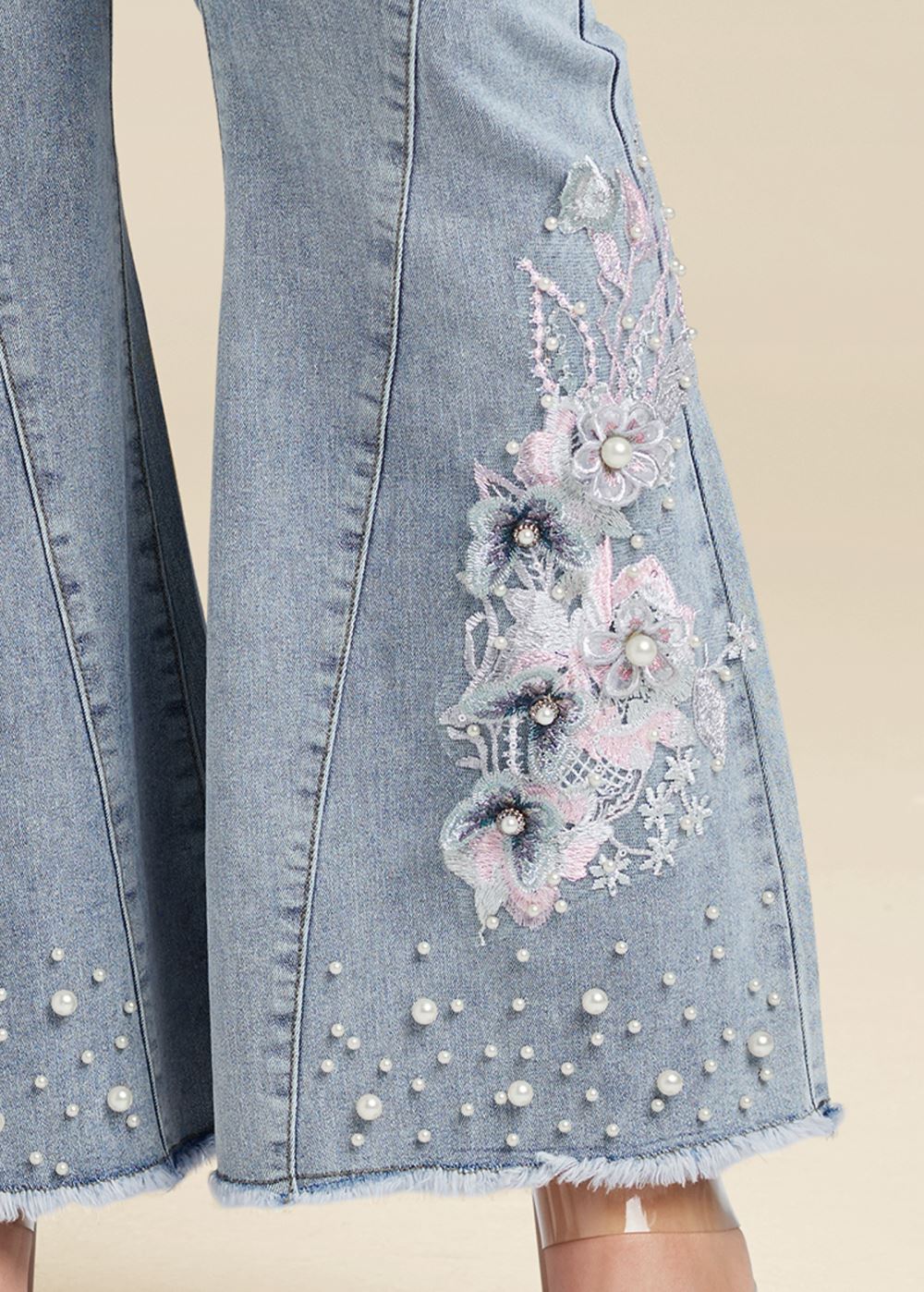 Venus Plus Size Floral Applique Wide Leg Jeans in Light Wash