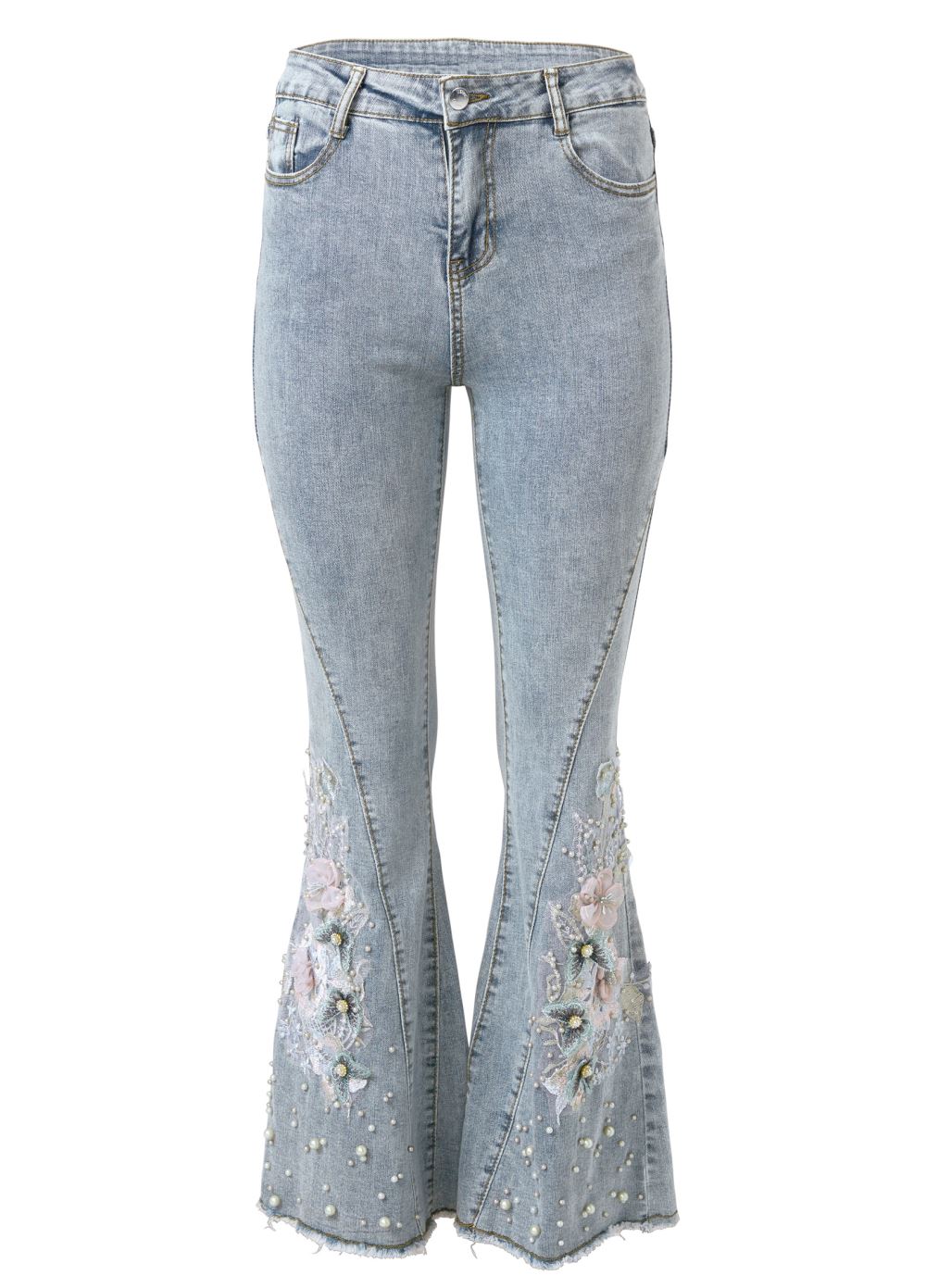 Venus Plus Size Floral Applique Wide Leg Jeans in Light Wash